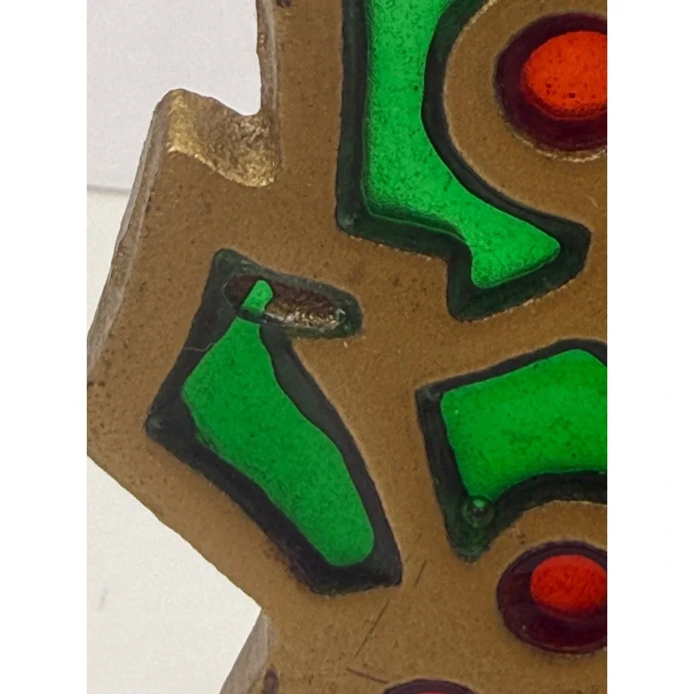 Vintage Christmas Wreath Stained Glass Style Cast Metal Votive Candle Holder